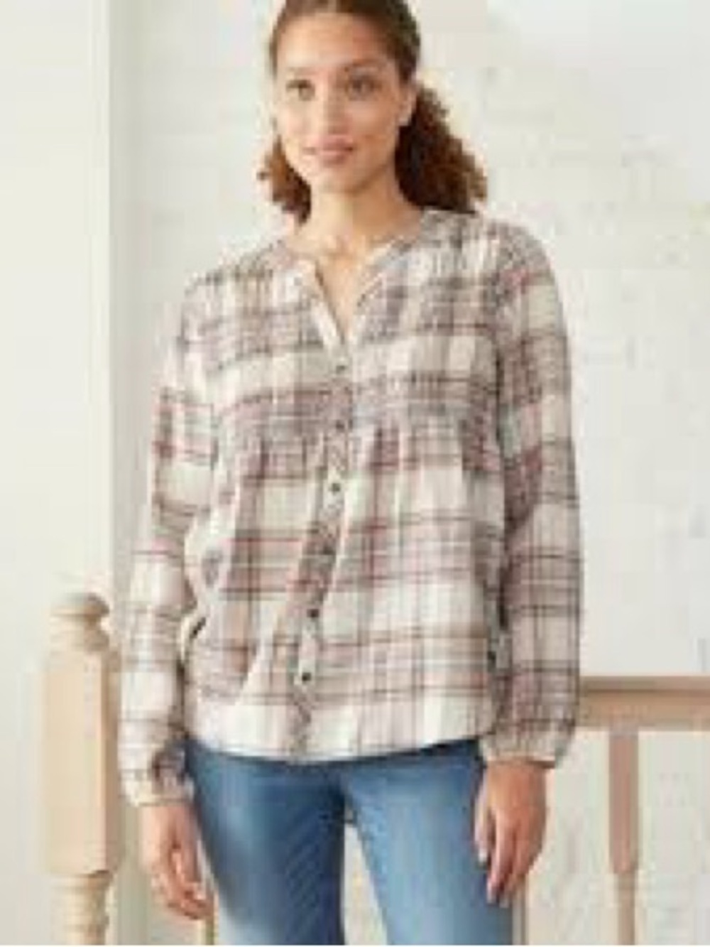 Knox Rose Plaid Red and White and Pink blouse with Smocking. 2x